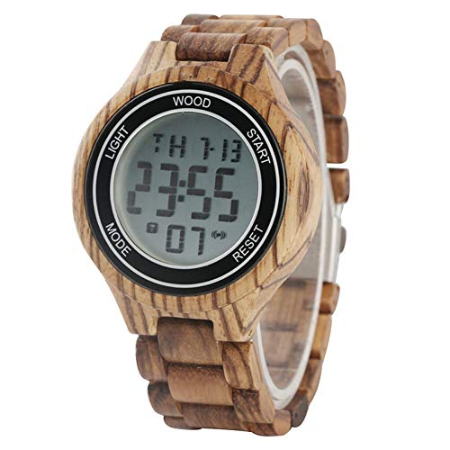 CJYSB Led Relojes de Hombre Digitales Reloj de Pulsera de Cuero de ébano de Madera de ébano Hechos a Mano Reloj de Hombre Deportivo de Woody