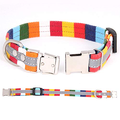 Collar reflectante de rayas multicolor para mascota, cuello de 10 pulgadas a 15 cm, collar ajustable para perro con hebilla de metal