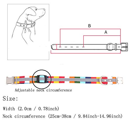 Collar reflectante de rayas multicolor para mascota, cuello de 10 pulgadas a 15 cm, collar ajustable para perro con hebilla de metal