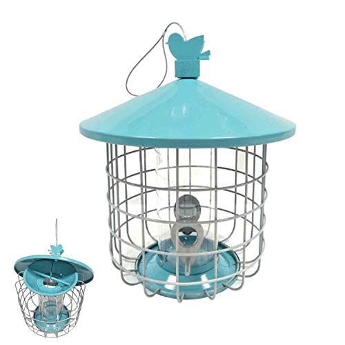 Comedero para Pájaros A Prueba De Ardilla, W / 4 Puertos De Alimentación El Alambre De Púas Previene Pájaros Grandes, Diseño Impermeable Gazebo Blue-26×26×30.48cm