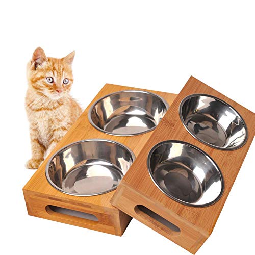 Comedero Perro Gato De Acero Inoxidable Tazón para Mascotas Tazón De Agua Antideslizante Fácil De Limpiar con Bandeja De Madera Tazon Comedero para Perro Gato Mascota, S/L