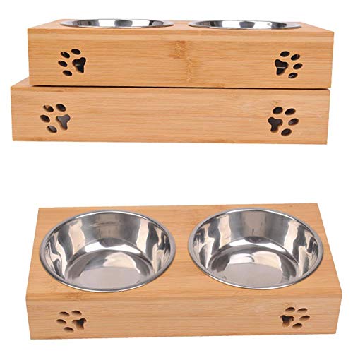 Comedero Perro Gato De Acero Inoxidable Tazón para Mascotas Tazón De Agua Antideslizante Fácil De Limpiar con Bandeja De Madera Tazon Comedero para Perro Gato Mascota, S/L