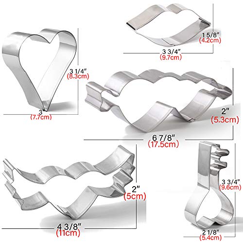 Cortador de galletas de San Valentín con receta de 5 piezas, corazón, labios, llave, corazón doble con flecha, corazón con ala, cortadores de pasteles de galletas, acero inoxidable