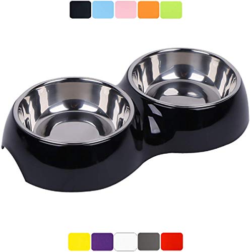 DDOXX Comedero Doble Perro, Antideslizante Tamaños | para Perros Pequeño, Mediano y Grande | Bol Accesorios Acero INOX-Idable Melamina Gato Cachorro | Negro, 2 x 160 ml