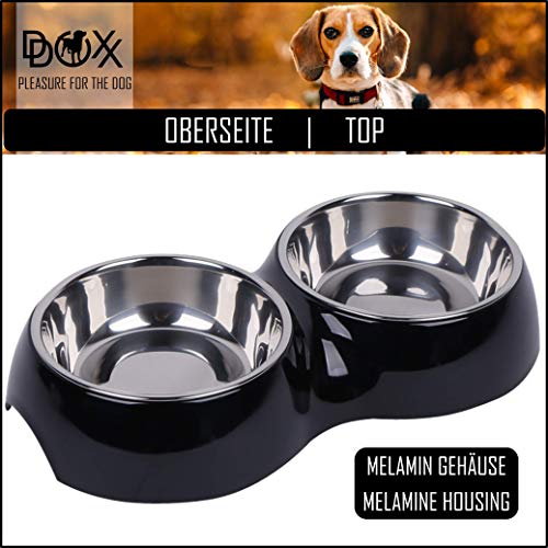 DDOXX Comedero Doble Perro, Antideslizante Tamaños | para Perros Pequeño, Mediano y Grande | Bol Accesorios Acero INOX-Idable Melamina Gato Cachorro | Negro, 2 x 160 ml