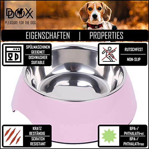 DDOXX Comedero Perro, Antideslizante Tamaños | para Perros Pequeño, Mediano y Grande | Bol Accesorios Acero INOX-Idable Melamina Gato Cachorro | Rosado, 350 ml