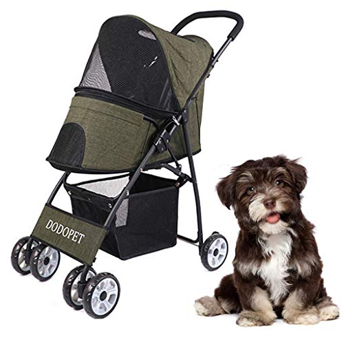 DFLY Cochecito para Perros De 4 Ruedas Plegable, Carritos De Paseo Ligero para Mascotas para Gatos Y Perros Pequeños Y Medianos, con Canasta De Almacenamiento, Carga Máxima 15Kg,Verde