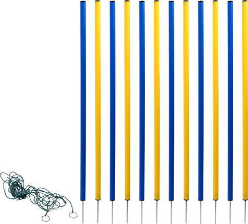dobar 50807 Agility Slalom Set Compuesto de 12 Barras y Cuerda separadora, Aprox. Altura: 110 cm, Amarillo/Azul