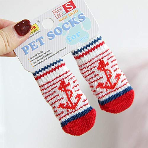 DULING Gato Calcetines para Perros,Botines de Mascotas,la Cubierta Protectora de la Pata de Punto,Ancla roja,L,2 Conjuntos