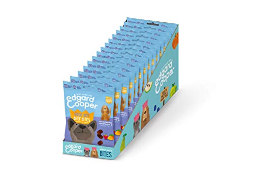 Edgard & Cooper premios para perros sin cereales, natural con Ternera. Snacks ricos en proteínas hasta 85% de carne cocinados al horno con ingredientes simples. Packs de 15x50grs Bolsas Biodegradables