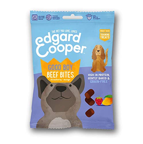 Edgard & Cooper premios para perros sin cereales, natural con Ternera. Snacks ricos en proteínas hasta 85% de carne cocinados al horno con ingredientes simples. Packs de 15x50grs Bolsas Biodegradables