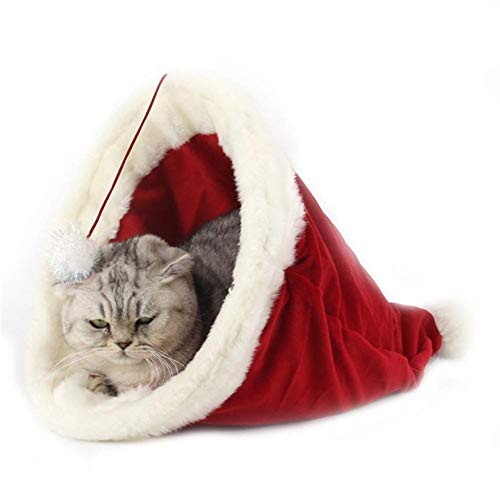 Encantador gato cama nido Navidad sombrero forma vellón felpa, cálido suave almohadilla para cachorro estera gato casa cama para perros pequeños gatos, cubierta jaula invierno dormir lavable durade