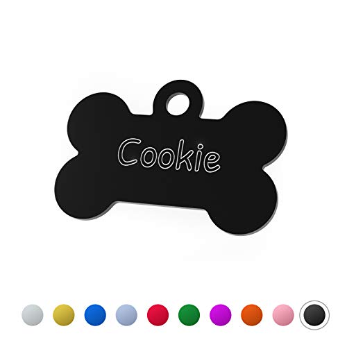  ENGRAVO Etiqueta de Perro Hueso en Negro de 32 mm con su Grabado Personal y 2 llaveros Gratis 