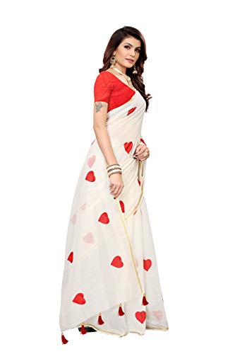 ETHNICMODE Indian Women's CHANDHERI Cotton Fabrics Multi-Colored Printed Sari with Blouse Piece (Fabric) Heart White