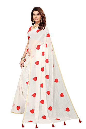 ETHNICMODE Indian Women's CHANDHERI Cotton Fabrics Multi-Colored Printed Sari with Blouse Piece (Fabric) Heart White