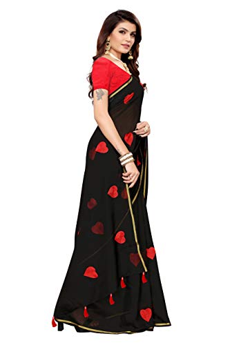 ETHNICMODE Women's CHANDHERI Cotton Fabrics Multi-Colored Printed Sari with Blouse Piece (Fabric) Heart Black