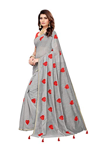 ETHNICMODE Women's CHANDHERI Cotton Fabrics Multi-Colored Printed Sari with Blouse Piece (Fabric) Heart Grey