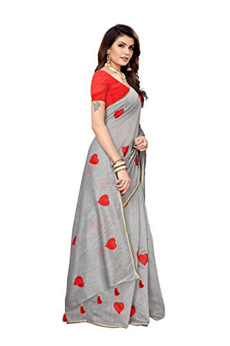 ETHNICMODE Women's CHANDHERI Cotton Fabrics Multi-Colored Printed Sari with Blouse Piece (Fabric) Heart Grey