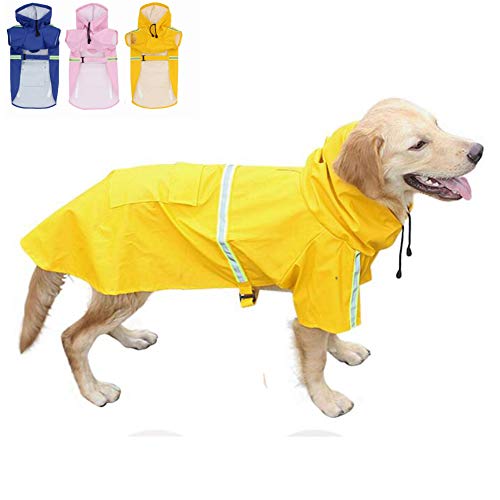 FeiLuo Impermeables para Perros - Abrigo Impermeable con Capucha, Chubasquero de Tira Reflectante Ligera, Cordón Ajustable, Poncho Impermeable para Lluvia para Perros Medianos y Grandes (2XL, Yellow)