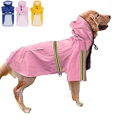 FeiLuo Impermeables para Perros - Abrigo Impermeable con Capucha, Chubasquero de Tira Reflectante Ligera, Cordón Ajustable, Poncho Impermeable para Lluvia para Perros Medianos y Grandes (2XL, Pink)