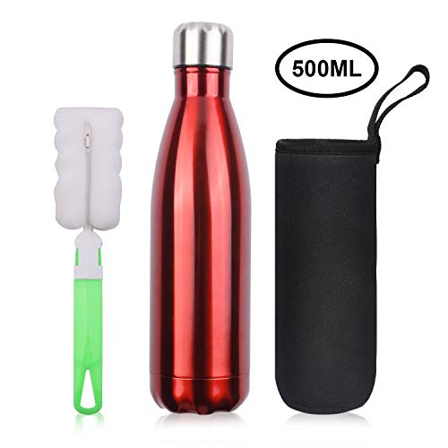 flintronic Botella Termica, 500ML Botella de Agua de Acero Inoxidable, Aislamiento de Vacío de Doble Pared, Botellas de Frío/Caliente Sin BPA & Eco Friendly, con 1 Portavasos y 1 Cepillo