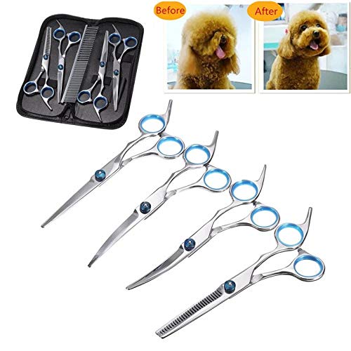 GCSEY Tijeras De Perro El Gato del Perro De Aseo De Mascotas Tijeras Fijado Recto Curvo De Corte Adelgazamiento Tijeras Kit Tesoura para Adelgazamiento del Cabello Tijeras