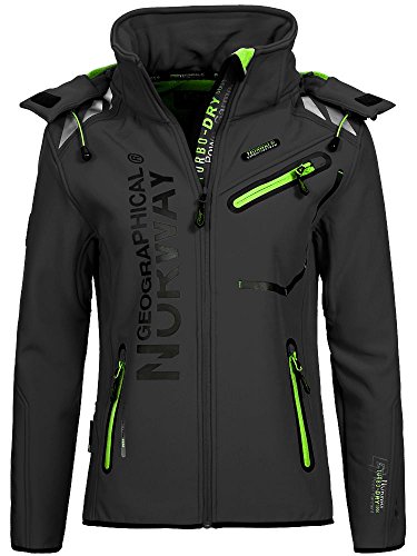 Geographical Norway Romantic Turbo-Dry - Chaqueta para mujer (softshell, con capucha extraíble), otoño-invierno, Chaqueta softshell., Mujer, color gris oscuro, verde, tamaño S