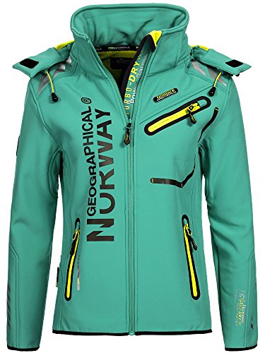 Geographical Norway Romantic Turbo-Dry - Chaqueta para mujer (softshell, con capucha extraíble), otoño-invierno, Chaqueta softshell., Mujer, color Lagoon/amarillo., tamaño S