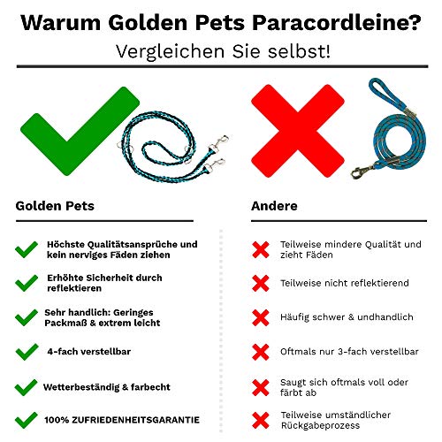 Golden Pets Paracord - Correa para Perros (2 m, 4 Posiciones, Reflectante, Muy Ligera y Robusta, Trenzada, Incluye Libro electrónico Gratuito)