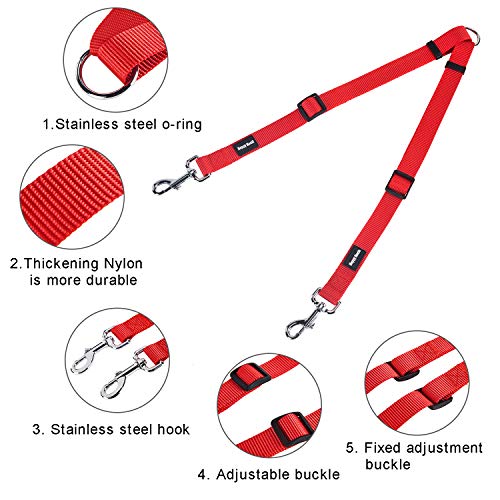 HAPPY HACHI Correa Doble para 2 Perros Ajustable Resistente Sin Enredos Correa de Nylón para Dos Perros Grandes Medianos Pequeños(S, Rojo)