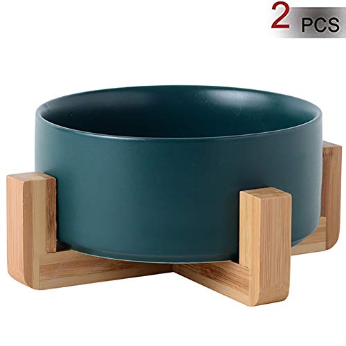 Hmpet Comederos De Gato Elevados De Cerámica con Soportes, Plato De Comida Elevada Tazón De Agua para Gatos Perros, Sin Derrame Cuencos De Alimentación para Mascotas Ecológicos 850ML,Wooden Support