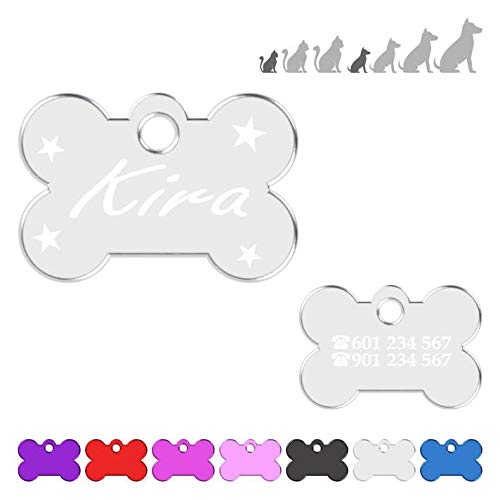 Hueso para Mascotas Muy pequeñas con Estrellas Placa Chapa Medalla de identificación Personalizada para Collar Perro Gato Mascota grabada (Plateado)