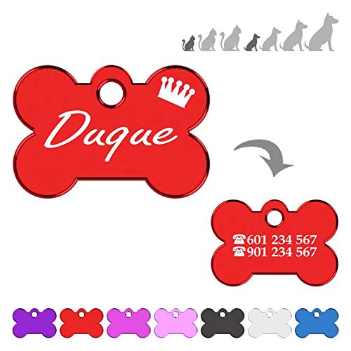 Hueso para Mascotas Muy pequeñas Grabado con Corona Placa Chapa Medalla de identificación Personalizada para Collar Perro Gato Mascota grabada (Rojo)