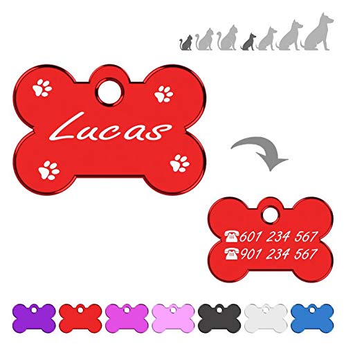 Hueso para Mascotas Muy pequeñas Grabado con Patas Placa Chapa Medalla de identificación Personalizada para Collar Perro Gato Mascota grabada (Rojo)