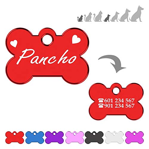 Hueso para Mascotas Muy pequeñas Placa cChapa Medalla de identificación Personalizada para Collar Perro Gato Mascota grabada (Rojo)