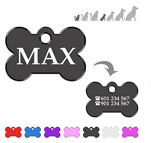 Hueso para Mascotas Muy pequeñas Placa Chapa Medalla de identificación Personalizada para Collar Perro Gato Mascota grabada (Negro)