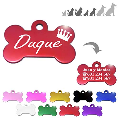 Hueso para Mascotas pequeñas-Medianas con Corona Placa Chapa Medalla de identificación Personalizada para Collar Perro Gato Mascota grabada (Rojo)