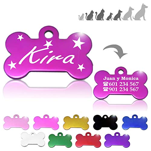 Hueso para Mascotas pequeñas-Medianas con Estrellas Placa Chapa Medalla de identificación Personalizada para Collar Perro Gato Mascota grabada (Fucsia)