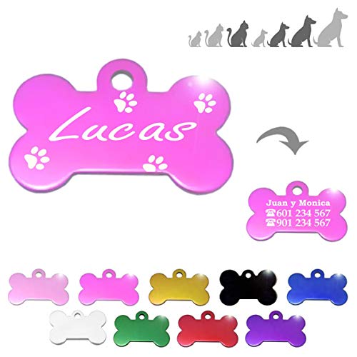 Iberiagifts - Hueso para Mascotas Medianas-Grandes con Patas Placa Chapa de identificación Personalizada para Collar Perro Gato Mascota grabada (Fucsia)