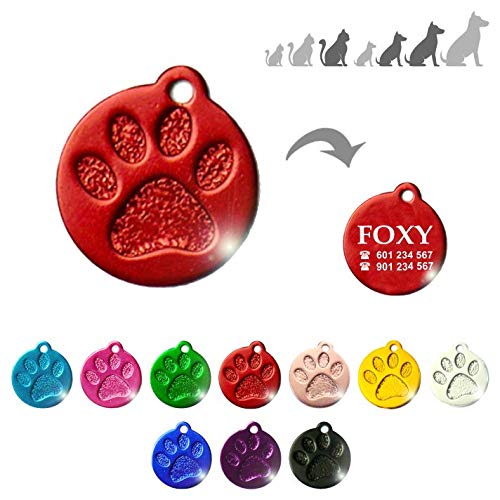 Iberiagifts - Placa Redonda con Huella para Mascotas Medianas-Grandes Chapa Medalla de identificación Personalizada para Collar Perro Gato Mascota grabada (Rojo)