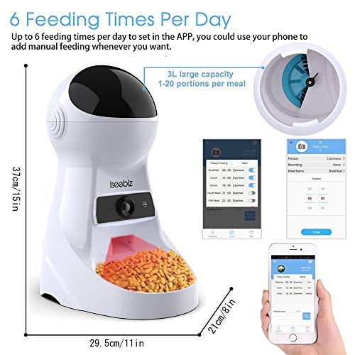 Iseebiz 3L Comedero Automatico para Gatos y Perros Con Cámara de 720p con 6 Dosis de Comida por Día