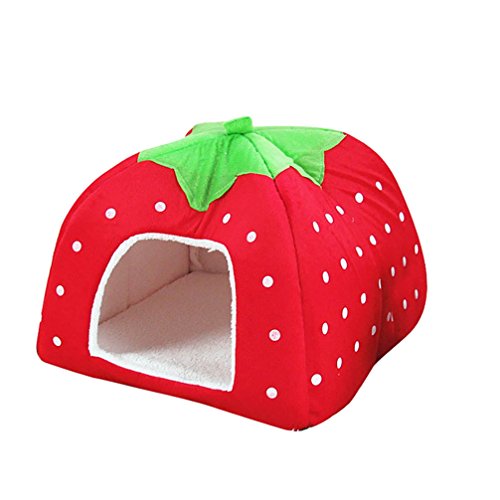 JEELINBORE Suave Caliente Perro Gato Cama Fresa Cálido Plegable Casita Casa para Mascota (Rojo, L: 36 * 36 * 38cm)