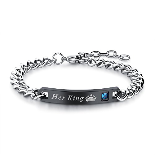 JewelryWe 2pcs Pulseras de Parejas Enamorados Her King, Circonitas Pulseras Negra Oro Rosa Hombre Mujer Acero Inoxidable, Regalo de San Valentín/Navidad