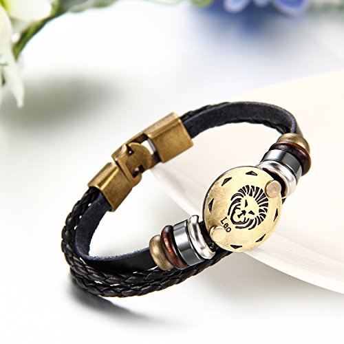 JewelryWe Joyería Pulseras Hombre Mujer, Pulsera Retro Vintage de Cuero Abalorios Trenzada, Simbolo Leo Negro Bronce, 21cm 2017 Mejor Regalo de Amistad