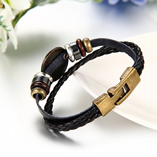 JewelryWe Joyería Pulseras Hombre Mujer, Pulsera Retro Vintage de Cuero Abalorios Trenzada, Simbolo Leo Negro Bronce, 21cm 2017 Mejor Regalo de Amistad