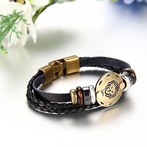 JewelryWe Joyería Pulseras Hombre Mujer, Pulsera Retro Vintage de Cuero Abalorios Trenzada, Simbolo Leo Negro Bronce, 21cm 2017 Mejor Regalo de Amistad