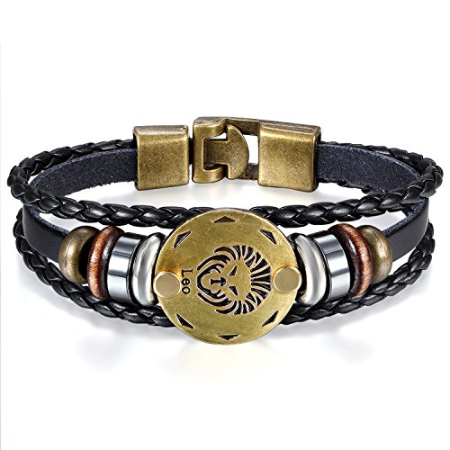 JewelryWe Joyería Pulseras Hombre Mujer, Pulsera Retro Vintage de Cuero Abalorios Trenzada, Simbolo Leo Negro Bronce, 21cm 2017 Mejor Regalo de Amistad