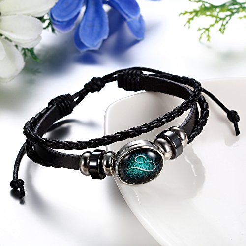 JewelryWe Joyería Pulseras Hombre Mujer, Pulsera Zodiaco El Horóscopo Simbolo de Leo, Pulsera de Cuero Negro Trenzada Buen Regalo 2017