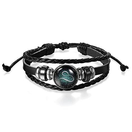 JewelryWe Joyería Pulseras Hombre Mujer, Pulsera Zodiaco El Horóscopo Simbolo de Leo, Pulsera de Cuero Negro Trenzada Buen Regalo 2017