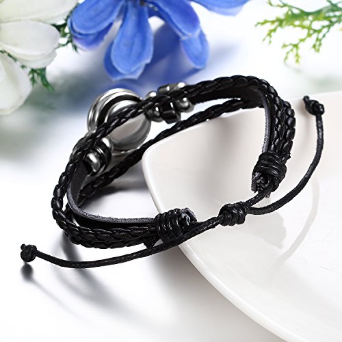 JewelryWe Joyería Pulseras Hombre Mujer, Pulsera Zodiaco El Horóscopo Simbolo de Leo, Pulsera de Cuero Negro Trenzada Buen Regalo 2017